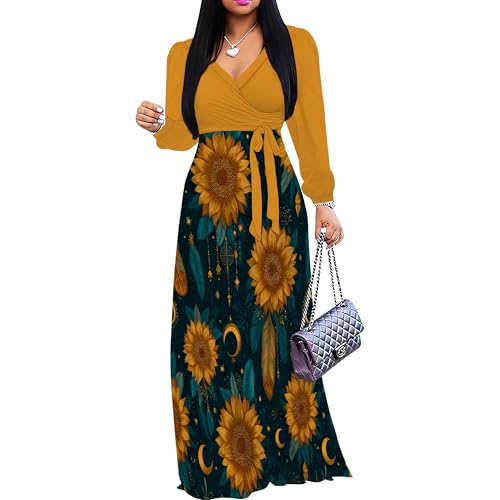 Image of PinkPatty Women's Long Sleeve Maxi Dress Plus Size Trendy Wedding Guest Dress with Pockets&Belt