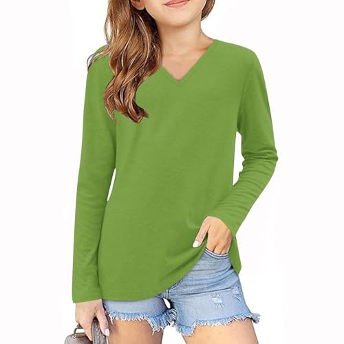 Long Sleeve Shirt for Girl V Neck Casual Tshirts Loose Comfy Pullover Shirt Fashion Fall Tunic Tops for 3-13 Years