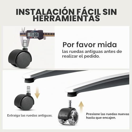 Miniatura 8 de Sytopia Ruedas Silla Oficina De Goma, 11 22 Mm, Silenciosas Y Suaves Para Suelo Duro, Adecuadas Para Sillas De Escritorio Y Gaming, No Rayan, Juego De 5 Gris, No Compatible Con Sillas 1kea