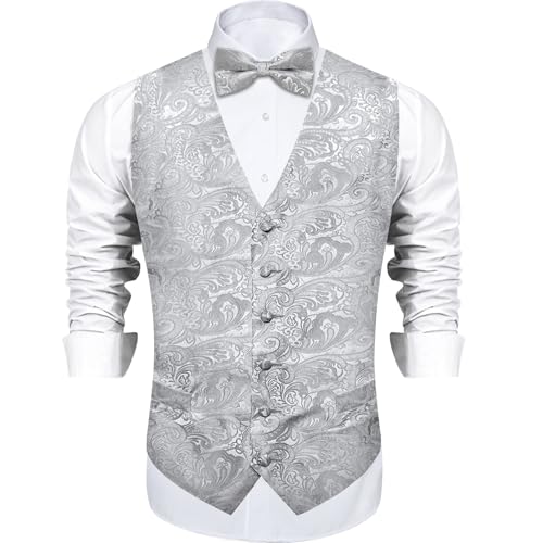 Image of DiBanGu Mens Paisley Suit Waistcoat,Silk Dress Vest and Bowtie Pocket Square Cufflinks with Lapel Pin Set for Wedding Tuxedo