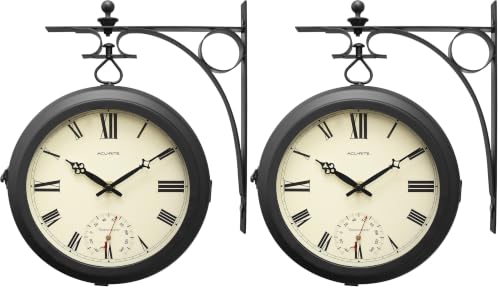 Image of AcuRite 9 inchIndoor /Outdoor Double-Sided Hanging Clock w /360-Degree Spin Functionality,Iron Metal Frame,Glass Lens,Qtz Crystal Movement,Weatherproof & Premium Thermometer(75140M),Black,Small (Pack of 2)