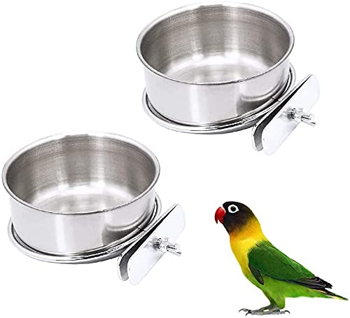 2 Pack Bird Cage Food Water Dispenser Parrot Food Dish Bird Feeder Cup for Cage, Stainless Steel Bird Food Holder Container for Parrot Macaws Ferret Parakeet Cockatiel Budgerigar