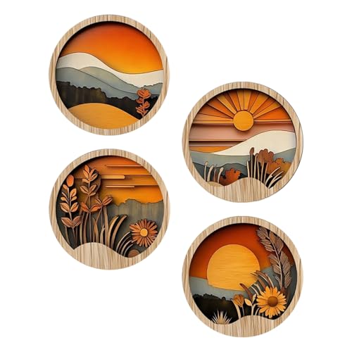 Art Mural Boho – Decoraciones de pared bohemias para estancia, 4 marcos redondos de madera, estilo rústico, con motivos geométricos para entrada a casa, pasillo, chimenea, alféizar de ventana, porche