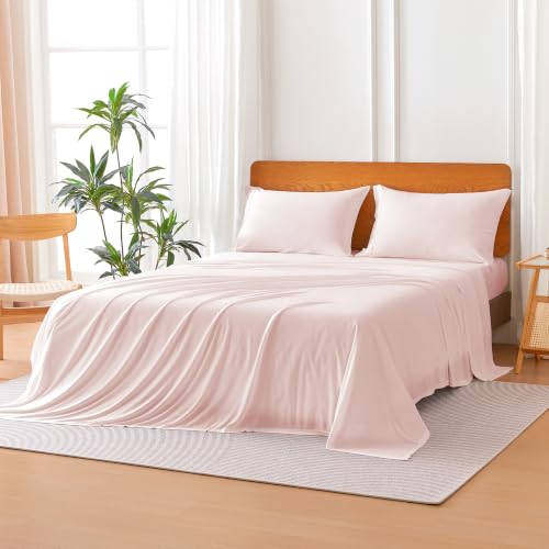 Image of Amazon Basics Jersey Knit 4-Piece Sheet Set, Wrinkle Resistant and Easy Fit, Includes 16 inch Deep Pocket Fitted Sheet, 1 Flat Sheet and 2 Pillowcases, Full, Pink
