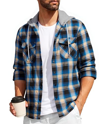 SwissWell Chemise Homme à Carreaux Flanelle Chemise Bûcheron Homme Surchemise Manches Longues Capuche Bouton Chemise Décontractée Bleu-Marron 2XL