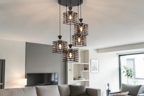 Image of Modern 5-Light Cluster Pendant Ceiling Light | Industrial Cube Metal Hanging Light | Geometric Multi-Light Chandelier for Living Room, Dining Area, Kitchen Island | E27 Holder | Black Finish