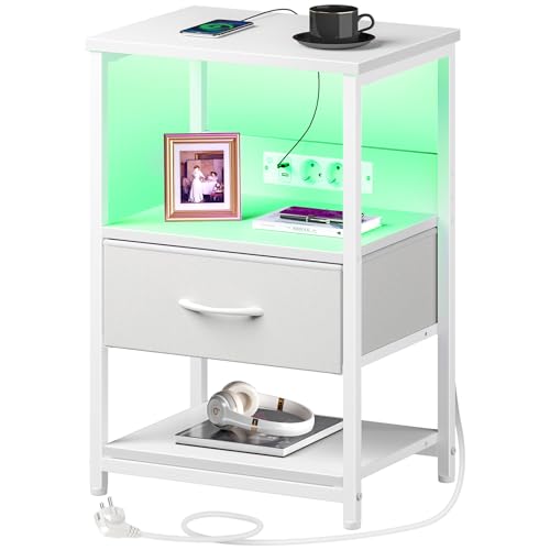 Rolanstar Table de Chevet, Table de Nuit avec Lumières LED et Prise, Tables de Chevet pour Adulte avec Tiroir de Rangement en Tissu pour Chambre (1, Blanc)