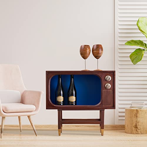 Vintage Tv Liquor Cabinet Display Case, 70S Wine Bar Storage, Blue & Wooden Glasses Holder, Farmhouse Mahogany Wooden Coffee Bar, Buffet Table Sideboard For Kitchen, Living Room, Entryway, Dining Room #TOP3