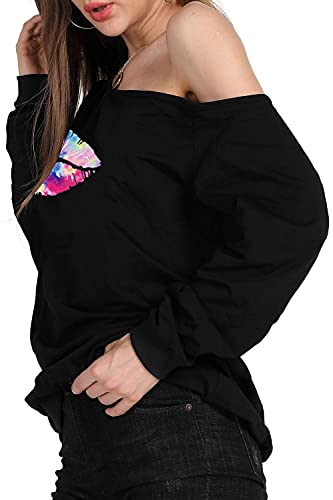 Image of MAGICMK Woman's Sweatershirt Lips Print Causal Blouse Off The Shoulder Long Sleeve Loose Slouchy Pullover Plus Size Tops