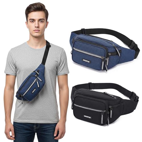 JATEBI Fanny Pack 2 Pack Waterproof Waist Bags Crossbody Sling Pouch for Women Men Travel Running Sports Adjustable Strap Large Capacity Black Blue