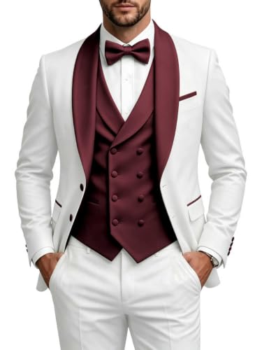 NQGGS Slim Fit 3 Piece Men Suit Notch Shawl One Button Tuxedo Burgundy L