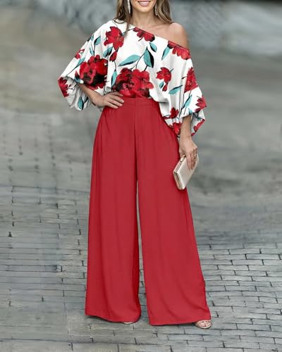 Image of CHICME Women Summer 2 Piece Outfits Off Shoulder Top Flowy Wide Leg Pants Set Vacation Travel Airport Outfits