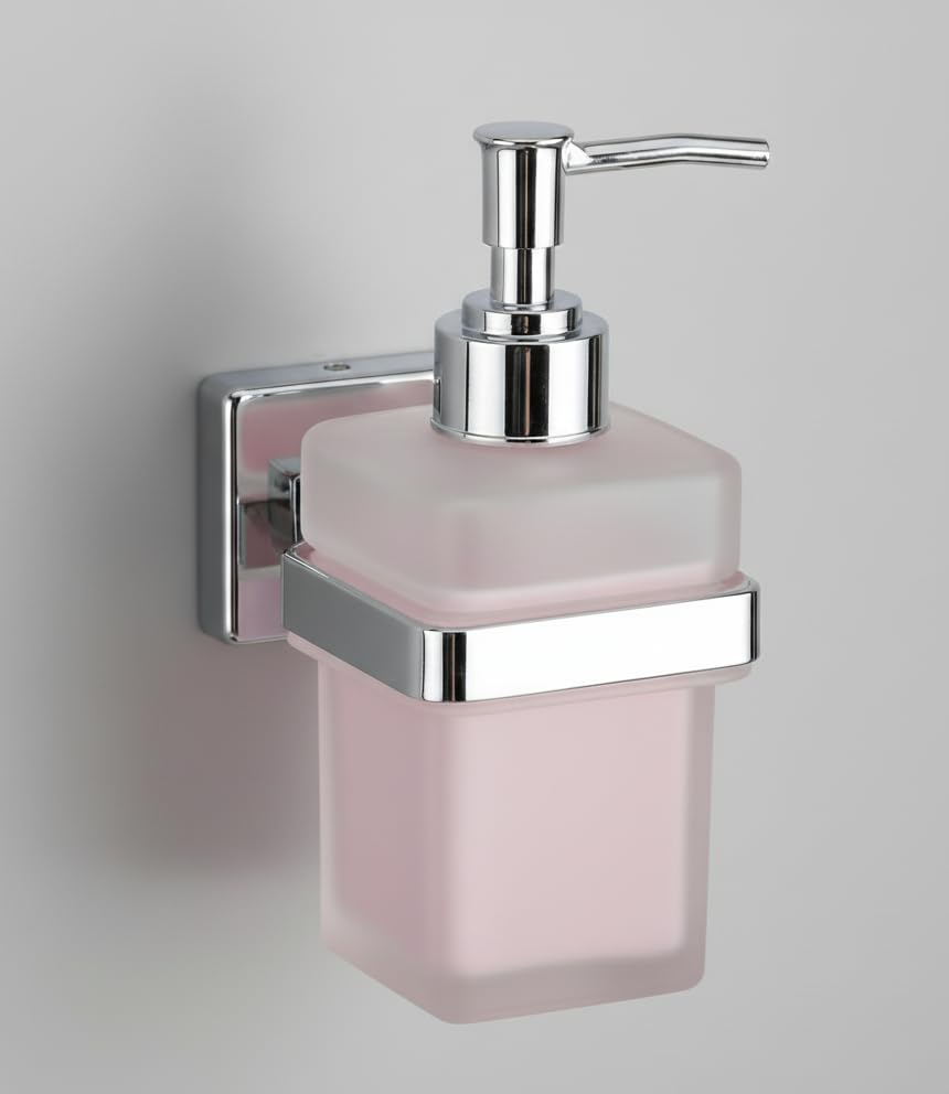 Image of Premium Wall Mounted Liquid Soap Dispenser - 304 Stainless Steel Holder with Frosted Glass Bottle | Rust-Proof Hand Wash Pump for Bathroom, Kitchen, & Wash Basin (Square 27N)