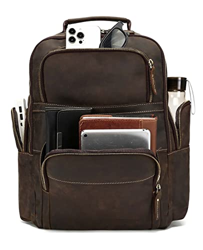 Taertii Full Grain Mens Leather Backpack For 15.6" Laptop Large Capacity 32L Multi Pockets Travel Work Hiking Daypacks #TOP6