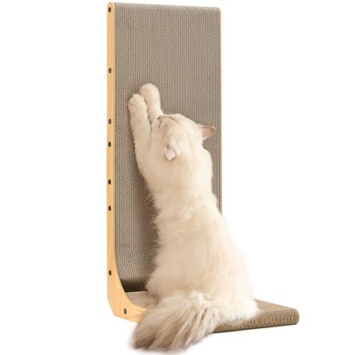 FUKUMARU Cat Scratcher, 32.7 Inch L Shape Cat Scratch Pad Wall Mounted, Cat Scratching Cardboard with Ball Toy for Indoor Cats, Extra Large 1 Pack 32.7 in Wood Color