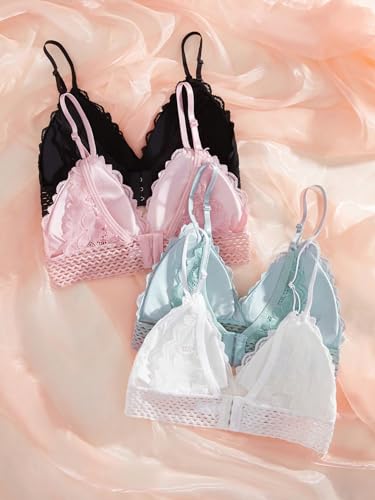 Image of RoseSeek Women's 4 Pack Floral Lace Adjustable Straps Wireless Bra Scallop Trim Molded Bralettes Sets