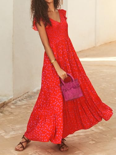 MASCOMODA Womens Summer Maxi Dress Casual V Neck Cap Sleeve Smocked Dresses Ruffle Tiered Beach Party Long Flowy Sundresses3