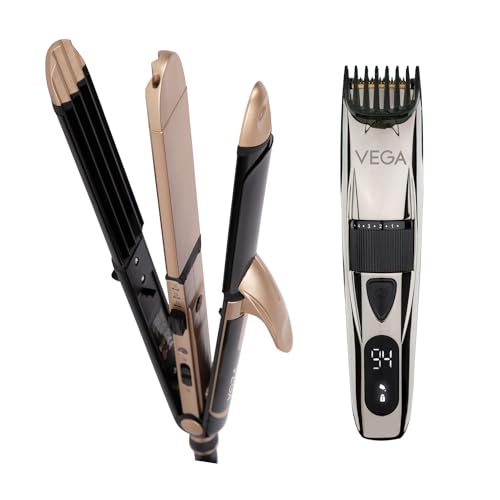 VEGA 3 in 1 Hair Styler, Straightener, Curler & Crimper (VHSCC-01), Black & Power Series P3 Beard Trimmer for Men with Digital Display, Titanium Blades, 160 Mins Runtime & 40 Length Settings, Silver