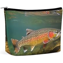 Travel Makeup Bags PU Leather Brook Trout Fly Fishing Cosmetic Bag with Zipper Large Toiletry Bag for Women Waterproof Portable Makeup Case Organizer Cute Zipper Pouch Make Up Bags