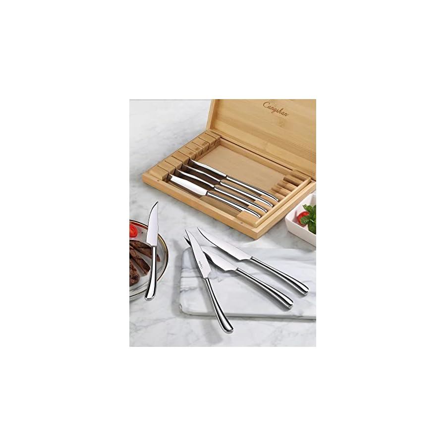 Cangshan 1027044 Rain II Series 8-Piece 420 Stainless Steel Forged Steak Knife Set in Bamboo Storage Chest
