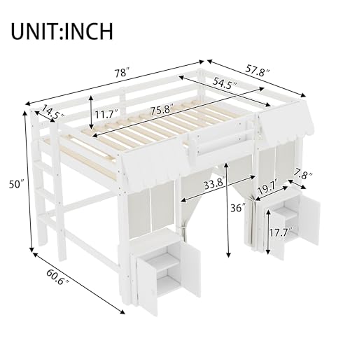 Image of Full Loft Bed with Built-in Bookshelf, Curtain, Storage Shelf and Amusement Park-Inspired Playful Design Safety Guardrails, Fairy Tale Cottage Kids Bed (White5, Full)