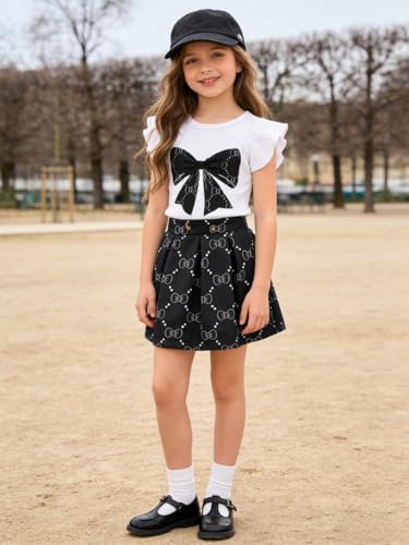 Image of Azmxynol Toddler Girls Clothes Cap Sleeve T-Shirt + Bowknot Print 2pcs Summer Shorts Outfit Set For Girls, Size 4-8 Years