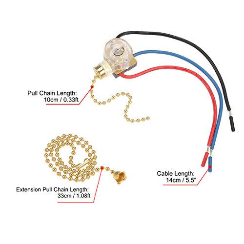 Image of uxcell Pull Chain Switch SPDT for Ceiling Fan Light Lamp with 33cm Extension Pull Chain Golden