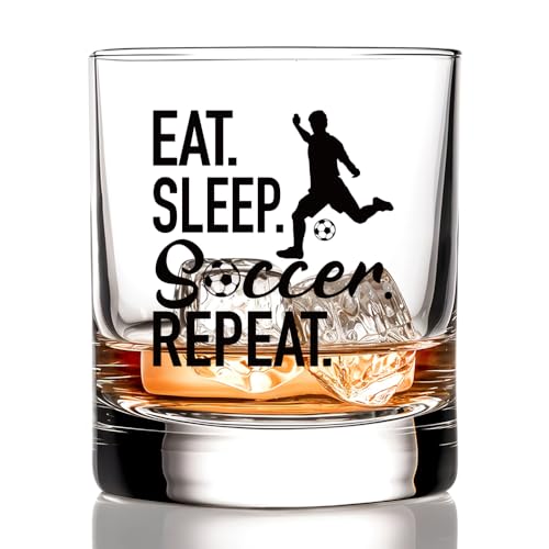 RZHV Eat Sleep Soccer Repeat Old Fashioned Whiskey Glass, Funny Father's Day Anniversary Birthday Gift for Men Husband Dad Uncle Grandpa Friends Coworkers Soccer Lover
