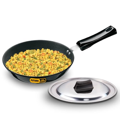 Hawkins Futura Hard Anodised Induction Compatible Frying Pan with Stainless Steel Lid, Capacity 1.1 Litre, Diameter 22 cm, Thickness 4.06 mm, Black (IAF22S)