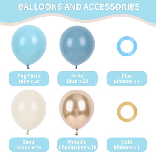 Image of RUBFAC Dusty Blue and Gold Balloons, 65pcs 12 Inches Champagne Gold Metallic Fog Baby Blue Balloon for Baby Boy Shower Bridal Birthday Wedding Party Decorations