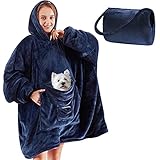 Yescool Wearable Blanket Hoodie, Oversized Sherpa Hooded Blanket Sweatshirt, Giant Warm Fuzzy Fleece Lounging Blanket with Hood Sleeves Pocket, Soft Comfort Packable for Women Men Adults (Blue)