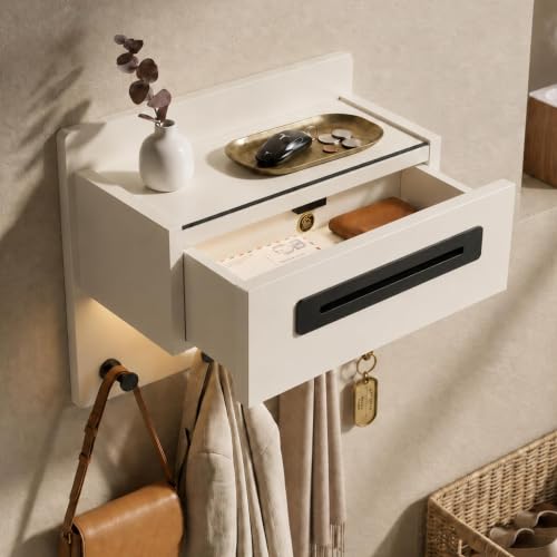 Wall Mounted Entryway Coat Rack with Mail Organizer and Motion Sensor LED