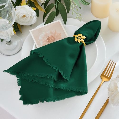 Xiomot Handmade Cotton Linen Napkins Cloth with Fringes Set of 4 17"x17" Olive Green Boho Dinner Table Napkins Bulk for Wedding Party Bridal Baby Shower Decoration