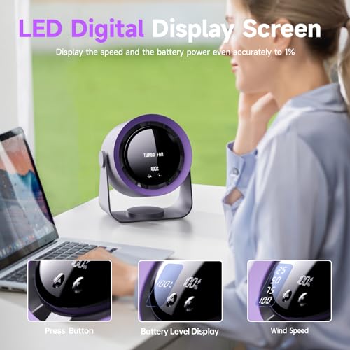 Wastou Rechargeable USB Desk Fan with Digital Display, 5-Speed Ultra Quiet Table Fan, 90° Manual Tilt & Hangable Fan for Bedroom, Kitchen, Camping, Office，Living Room by Wastou - Image 2