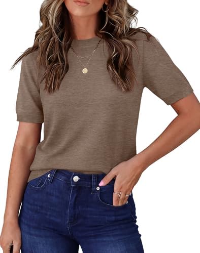 RUMIA Pullover Sweaters for Women Short Sleeve Lightweight Dressy Casual Womens Tops — Coffee