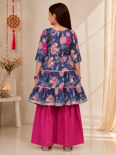 Image of Preneum Girl's Cotton Rayon Floral Printed Angrakha Kurta with Sharara & Dupatta