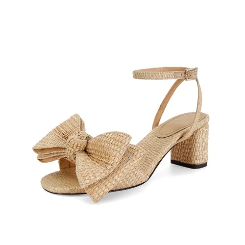 Raffia Bow Heels For Women Chunky Heeled Sandals Slingback Heels Open Square Toe Summer Comfortable Wedding Sandals