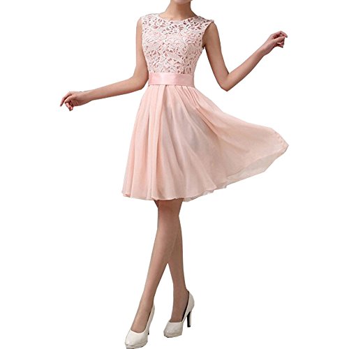 Lrady Women's Lace Chiffon A-line Sleeveless Cocktail Formal Wedding Bridesmaid Short Mini Dress Skirt Pink