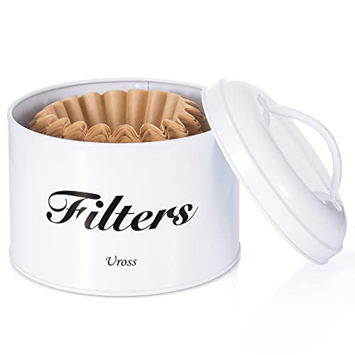 Uross Coffee Filter Holder Storage with Lid- Rustic Container Basket Round Filters Storage Canister Filters Organizer Case Dispenser Coffee Bar Accessories Decor (White)
