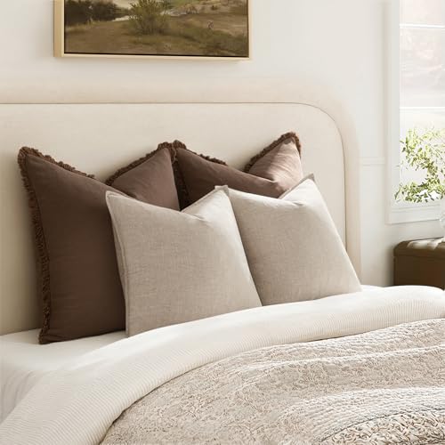 ANRODUO Pack of 2 Decorative Linen Pillow Covers Euro Sham Natural Beige Neutral Farmhouse Boho Soild Cushion Case Soft Accent Pillowcase for Couch Sofa Bedroom Living Room Home Decor 26 x 26 Inch by ANRODUO - Used condition - Image 5