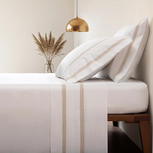 Casa da Laura - (600 Hilos Juego de Sábanas 100% Algodón Satén con Bordado – Dove - 600 Hilos - 100% Algodón Satinado - Cama 135/140 1 Almohada 45 x 155 cm - Fabricado Portugal