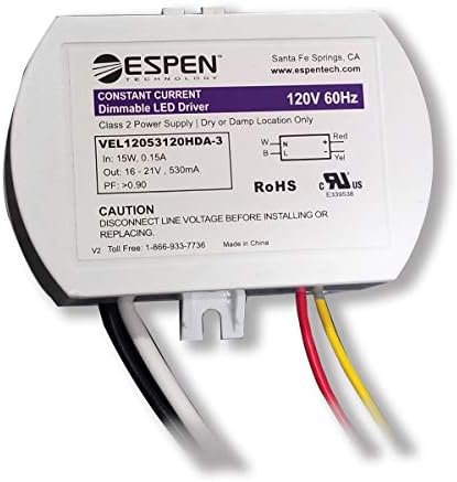 Espen LED Driver VEL12053120HDA-3 TRIAC Dimming, Constant Current, Max. 12W, 530mA, 120V input Operating Voltage Range 16-21V