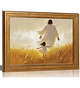 FTQYQLD Jesus Christ with Child in Wheat Field Wall Art - 12x16 Framed Canvas Print - Religious C...