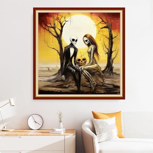 Image of Disxvivy Cross Stitch Stamped Full Embroidery Kits DIY 11CT Cotton Thread Printed DIY Needlepoint Kits Craft Needlework Set Cross-Stitch Stamped Sets- Skeleton Couple 18x18 inch