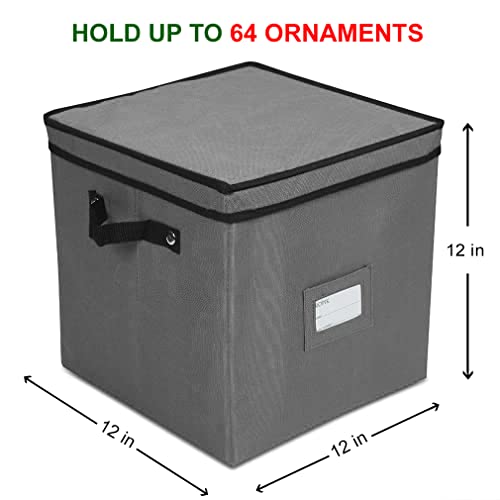 ProPik Christmas Ornament Storage Box, 4 Tier Holds Up to 64 Holiday Ornaments Decoration Balls, Storage Container with Dividers, Made with Durable 600D Oxford Polyester Material (Gray)