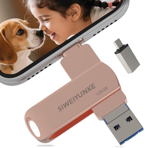 USB Stick 128GB für Phone, 4-in-1 Speicherstick, Photostick, Fotostick 3.0, Externer Speicher für Fotos und Videos, Schnelle Übertragung, Flash Drive für Handy/iOS/Android/Pad/Laptop/Pc, Hellrosa