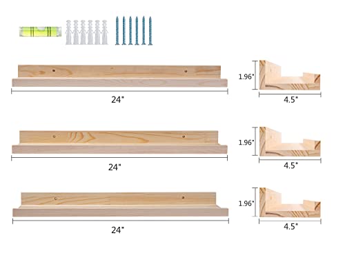 Azsky 24 Inch Floating Shelves Natural Wood Wall Mounted Set Of 3,Wooden Large Picture Ledge Shelf For Home Decoration For Bedrooms,Office,Living Room, Kitchen,3 Same Sizes #TOP1