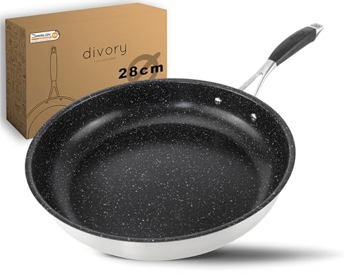 DIVORY Edelstahl Pfanne 28 cm ULTIME Induktion I Antihaft beschichtete große Bratpfanne für alle Herdarten I Induktionspfanne, Ergonomischer Griff, Spülmaschinen geeignet (28cm, Schwarz)