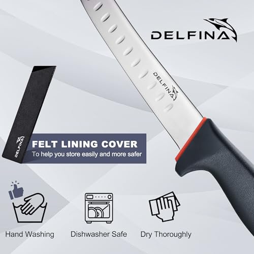 DELFINA Curved Breaking Knife 8 inch W/Sheath & SoftGrip Handle, Butcher Breaking Knife For Meat Cutting, High Carbon Japanese Steel (8 inch)