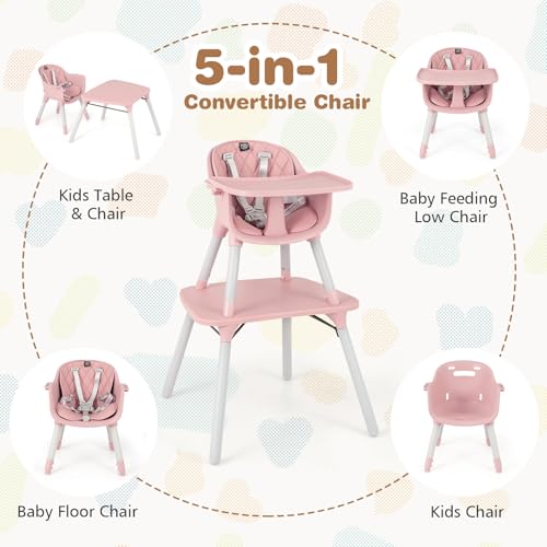 Image of BABY JOY High Chair, 5 in 1 Convertible Highchair for Babies & Toddlers | Booster Seat | Table and Chair Set | Infant Feeding Chair with Removable Tray, Safety Harness, Removable Cushion (Pink)